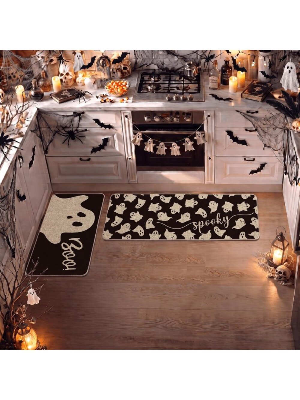 Ghosts Boo Halloween Kitchen Mats Set of 2-17x29+17x47 Spooky Black Low-Profile